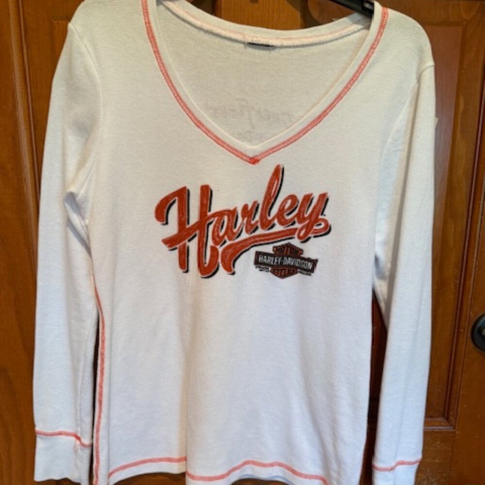 Harley Davidson Womens Large Thermal Top, Orange stitching and graphic
